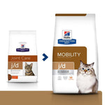 Load image into Gallery viewer, Two Hill's Prescription Diet cat food packages, one for Joint Care and the other for Mobility, on a white background.