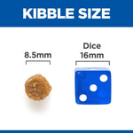 Load image into Gallery viewer, Comparison of kibble size to a dice showing 8.5mm and 16mm measurements.