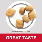 Load image into Gallery viewer, Dog kibble on a white plate with 'GREAT TASTE' text on a gray background