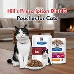 Load image into Gallery viewer, Cat with Hill's Prescription Diet ID pouches and treats on a wooden floor.