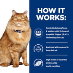 Load image into Gallery viewer, Cat with text explaining a pet food product's features on a blue and white background