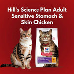 Load image into Gallery viewer, Cat next to a Hills Science Plan Adult Sensitive Stomach & Skin Chicken food package on a red background