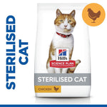Load image into Gallery viewer, Hills Science Plan cat food package for sterilised cats with a chicken flavor on a white background