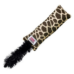 Load image into Gallery viewer, Dog toy with giraffe pattern and black feather on a white background