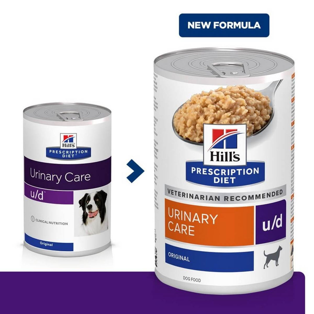 Two cans of Hill's Prescription Diet Urinary Care u/d dog food on a white background with 'New Formula' text.