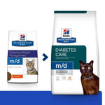 Load image into Gallery viewer, Two packages of Hills Prescription Diet m/d cat food for diabetes care and weight management on a white background.