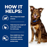 Load image into Gallery viewer, Dog wearing a blue collar with text on how it helps weight loss on a white background