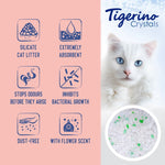 Load image into Gallery viewer, Tigerino Crystals cat litter packaging with features and a white cat on a light blue background.