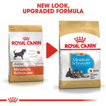Load image into Gallery viewer, Two packages of Royal Canin Miniature Schnauzer dog food with text indicating a new look and upgraded formula.