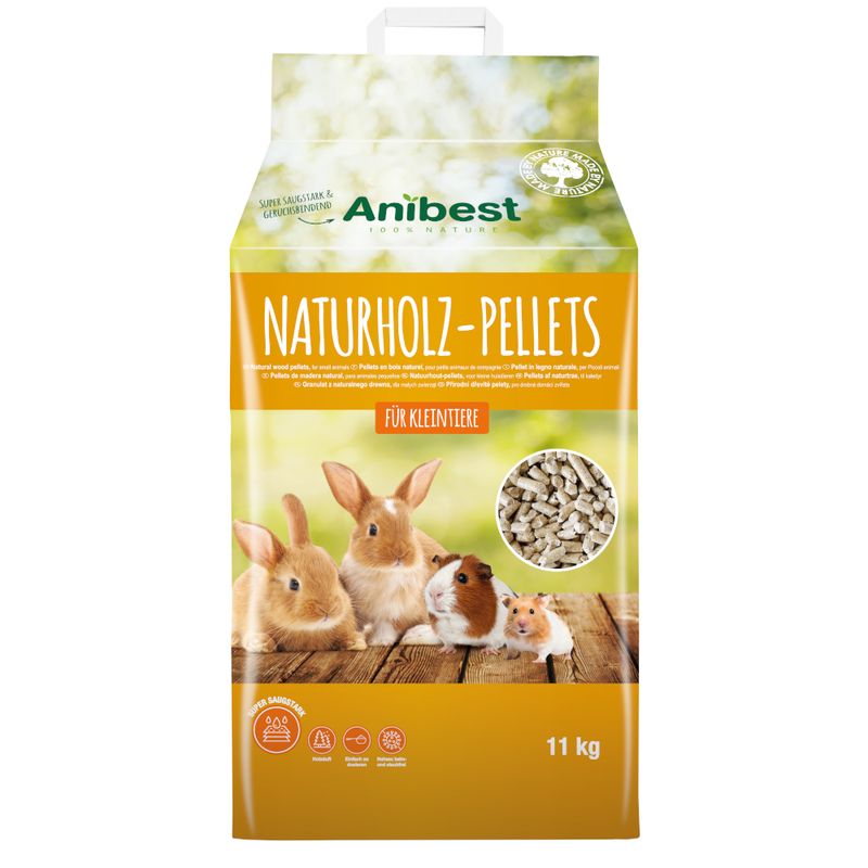 Anibest Naturholz-Pellets packaging with rabbits and guinea pigs on a white background