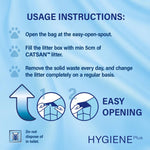Load image into Gallery viewer, Usage instructions for a litter product on a blue background with paw prints and text.