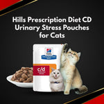 Load image into Gallery viewer, Hills Prescription Diet CD Urinary Stress pouches for cats with a cat and bowl of food on a black background
