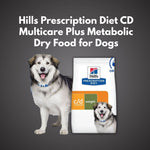Load image into Gallery viewer, Hills Prescription Diet CD Multicare Plus Metabolic dry food for dogs with a dog in front of it on a gray background
