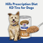 Load image into Gallery viewer, Hills Prescription Diet KD Tins for Dogs with a dog next to it on a white background
