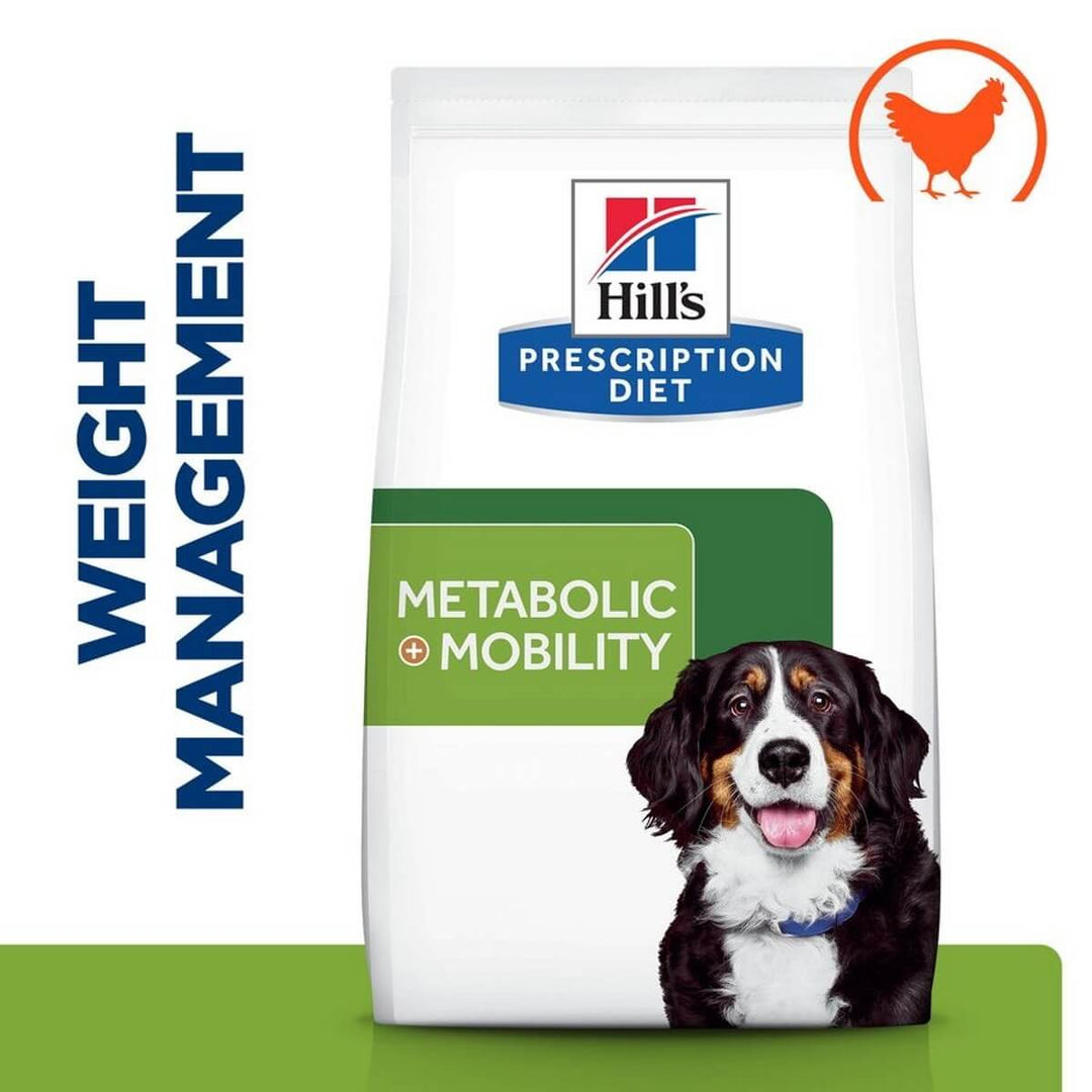 Hill's Prescription Diet dog food package for weight management and metabolic mobility on a white background