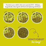 Load image into Gallery viewer, Diagram showing a transition diet for rabbits over 4 weeks with Excel and hay on a green background.