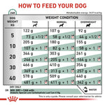 Load image into Gallery viewer, Feeding chart for dogs showing recommended daily feed amounts based on weight and condition.