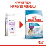 Load image into Gallery viewer, Two packages of Royal Canin Junior dog food with text indicating a new design and improved formula.
