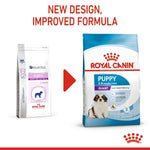 Load image into Gallery viewer, Two Royal Canin puppy food packages with text indicating a new design and improved formula.