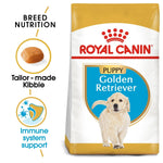 Load image into Gallery viewer, Royal Canin Puppy Golden Retriever dog food packaging with key features highlighted.