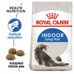 Load image into Gallery viewer, Royal Canin Indoor Long Hair cat food bag with text highlighting features on a white background