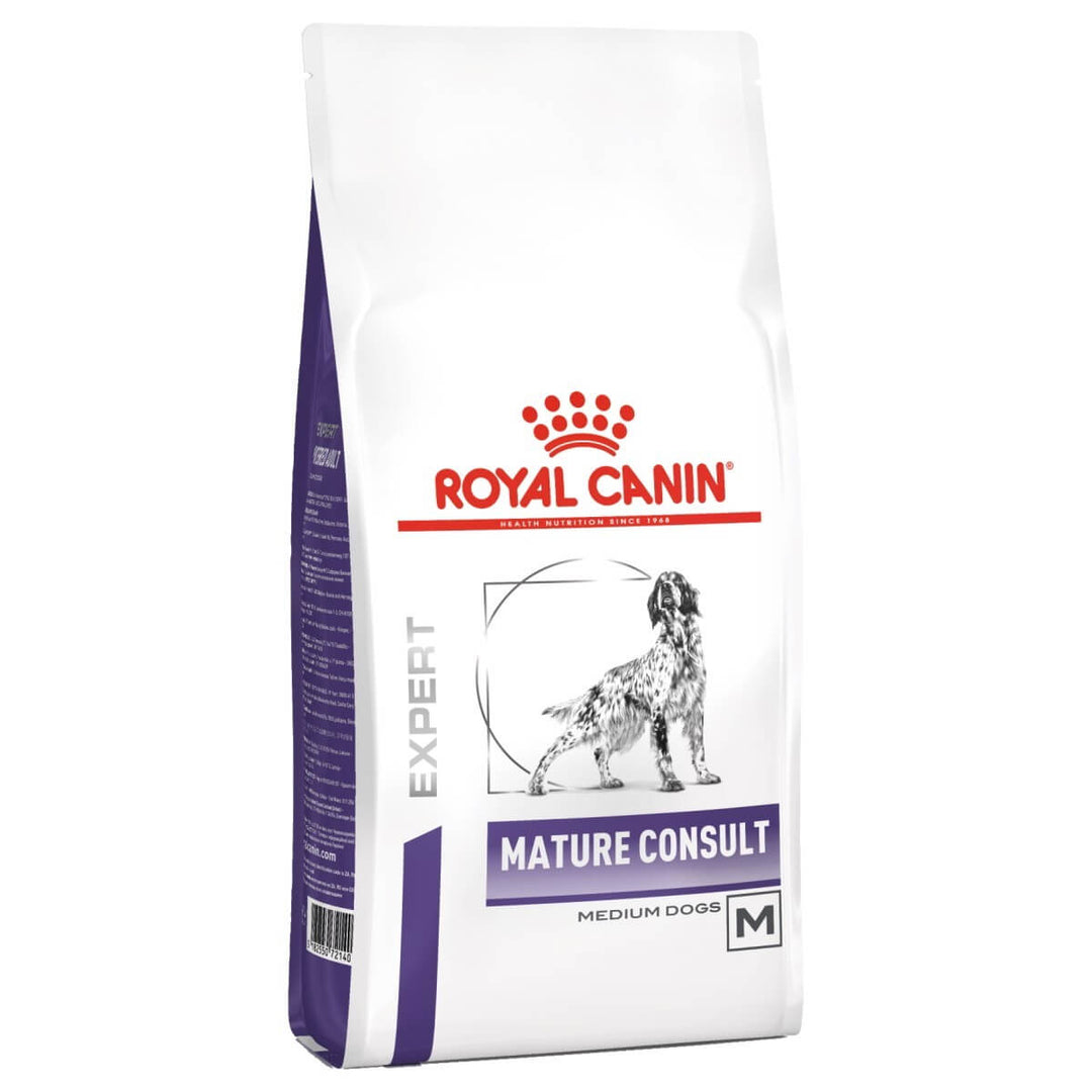Royal Canin Mature Consult dog food package on a white background