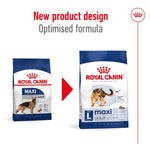 Load image into Gallery viewer, Two packages of Royal Canin Maxi Adult dog food with a red arrow and text indicating new product design.