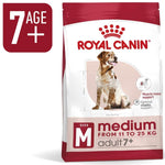 Load image into Gallery viewer, Royal Canin Medium adult 7+ dog food packaging on a white background