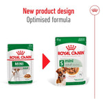 Load image into Gallery viewer, Two packages of Royal Canin Mini dog food with a red arrow and text indicating new product design and optimized formula.