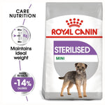 Load image into Gallery viewer, Royal Canin Mini Sterilised dog food packaging with text highlighting features.
