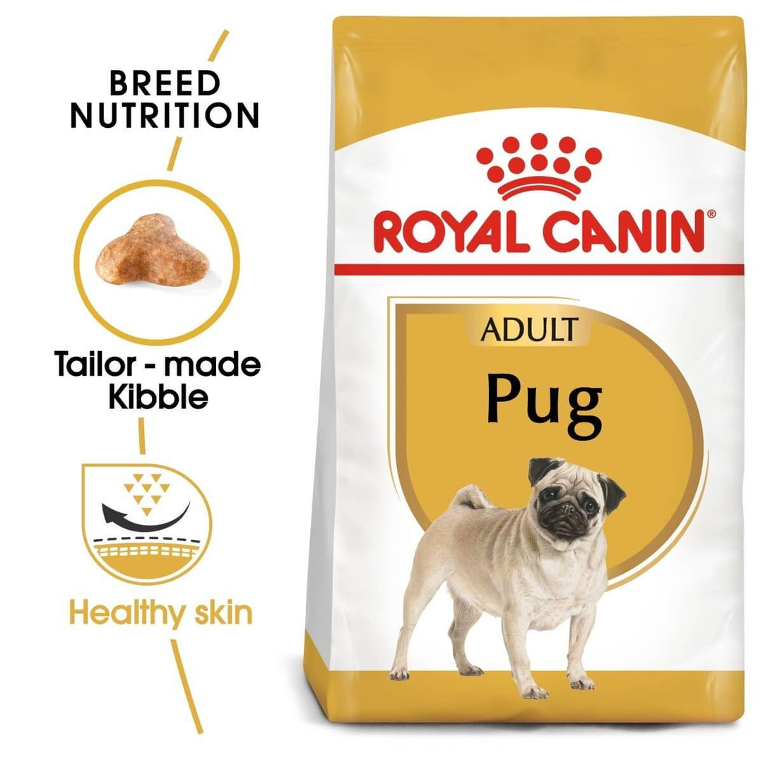 Royal Canin Pug dog food package with text highlighting features