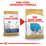 Load image into Gallery viewer, Two packages of Royal Canin French Bulldog puppy food with text indicating a new look and upgraded formula.