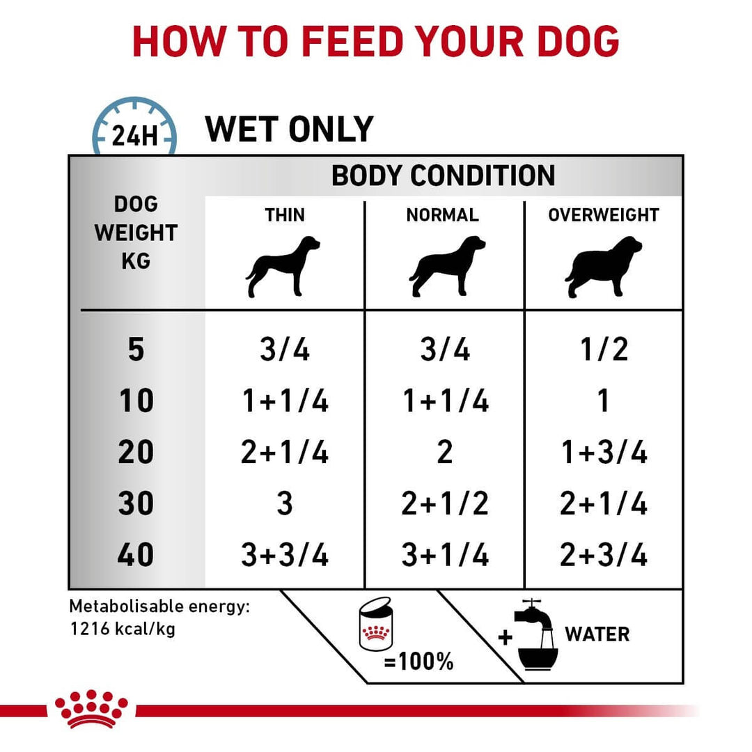 Dog food packaging with feeding guide chart for different dog weights and body conditions.