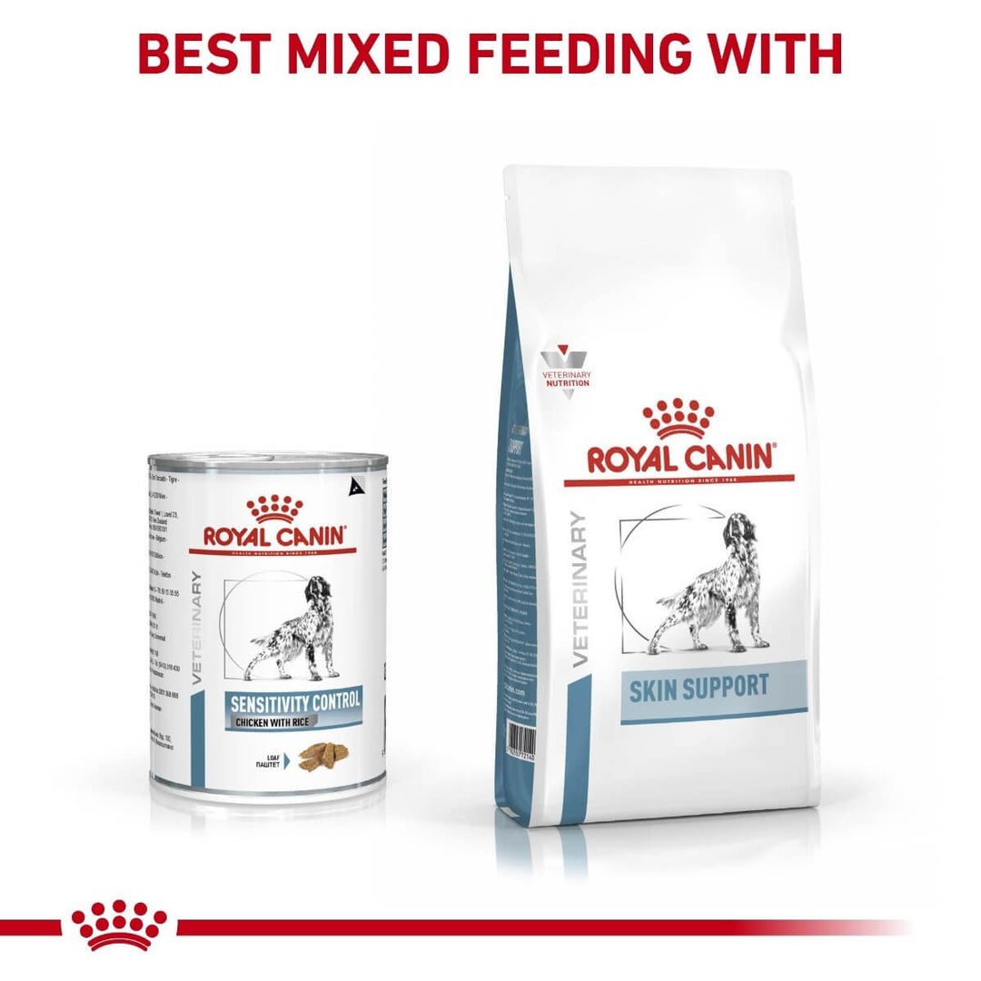 Royal Canin pet food products on a white background with text about mixed feeding.