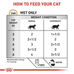 Load image into Gallery viewer, Feeding chart for cats indicating how much to feed based on weight and condition.