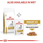 Load image into Gallery viewer, Royal Canin Veterinary Diet Urinary S/O Moderate Calorie dog food packaging with text indicating availability in wet format.