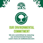Load image into Gallery viewer, Green logo with tree design and text about environmental commitment on a white background