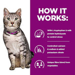 Load image into Gallery viewer, Cat with a purple collar on a white background, next to text about stress control ingredients on a purple background.