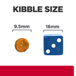 Load image into Gallery viewer, Comparison of kibble size to a blue die with measurements on a white background