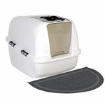 Load image into Gallery viewer, White cat litter box with transparent door and gray mat on a white background