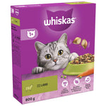 Load image into Gallery viewer, A box of Whiskas 1+ Lamb dry cat food with an image of a cat and the product visible through a bowl on the front.