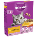Load image into Gallery viewer, A box of Whiskas Senior 7+ Chicken dry cat food featuring an image of a senior cat with a bowl of food.