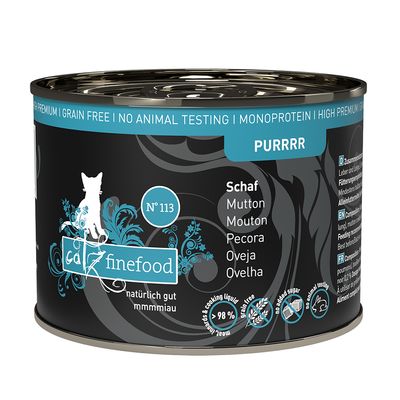 Close-up of catz finefood Purrrr label on 200g cat food can

