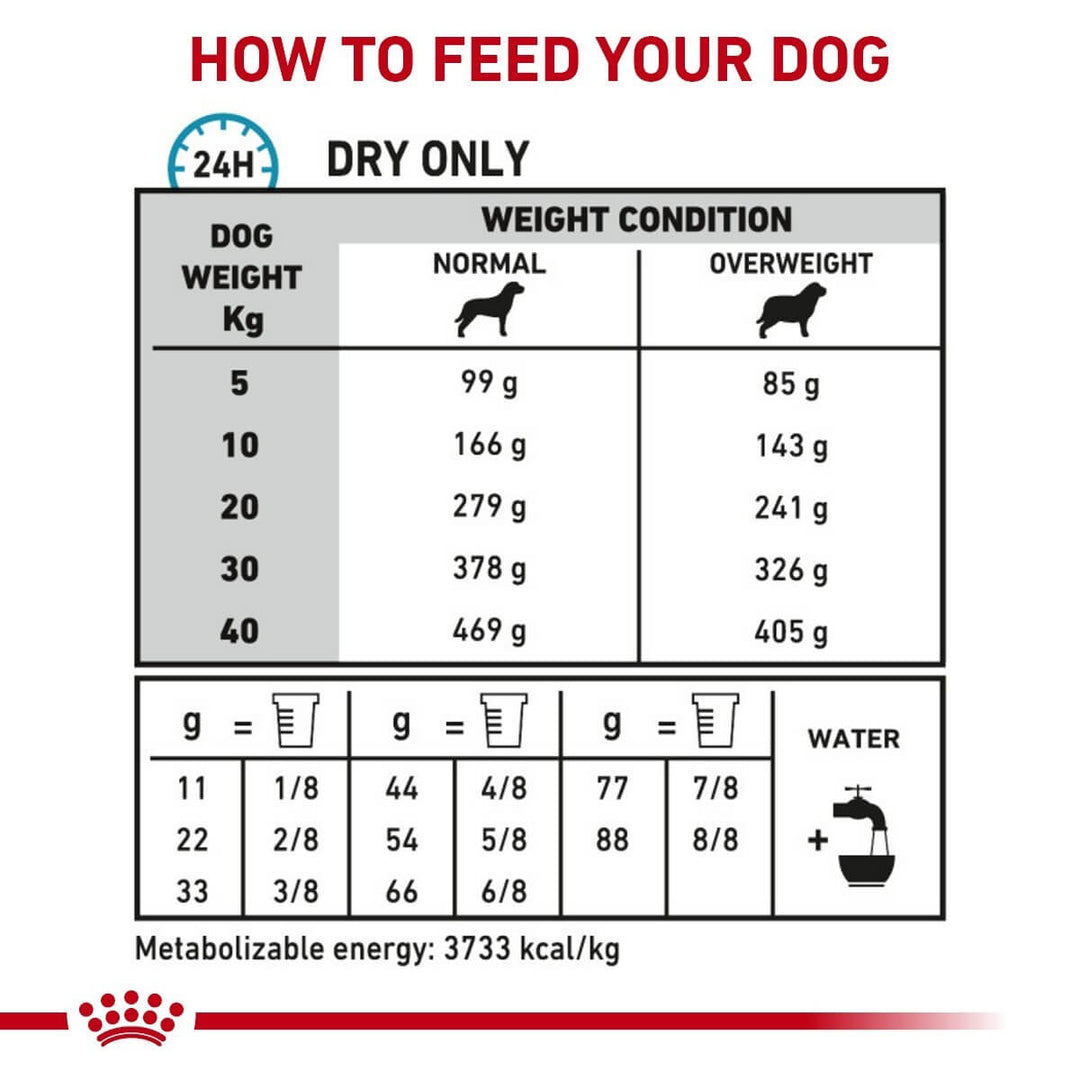 Dog food feeding chart for dry food only, showing recommended daily feed amounts based on dog weight and condition.