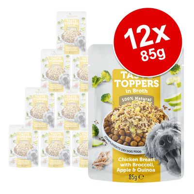 Wet dog food toppers in broth