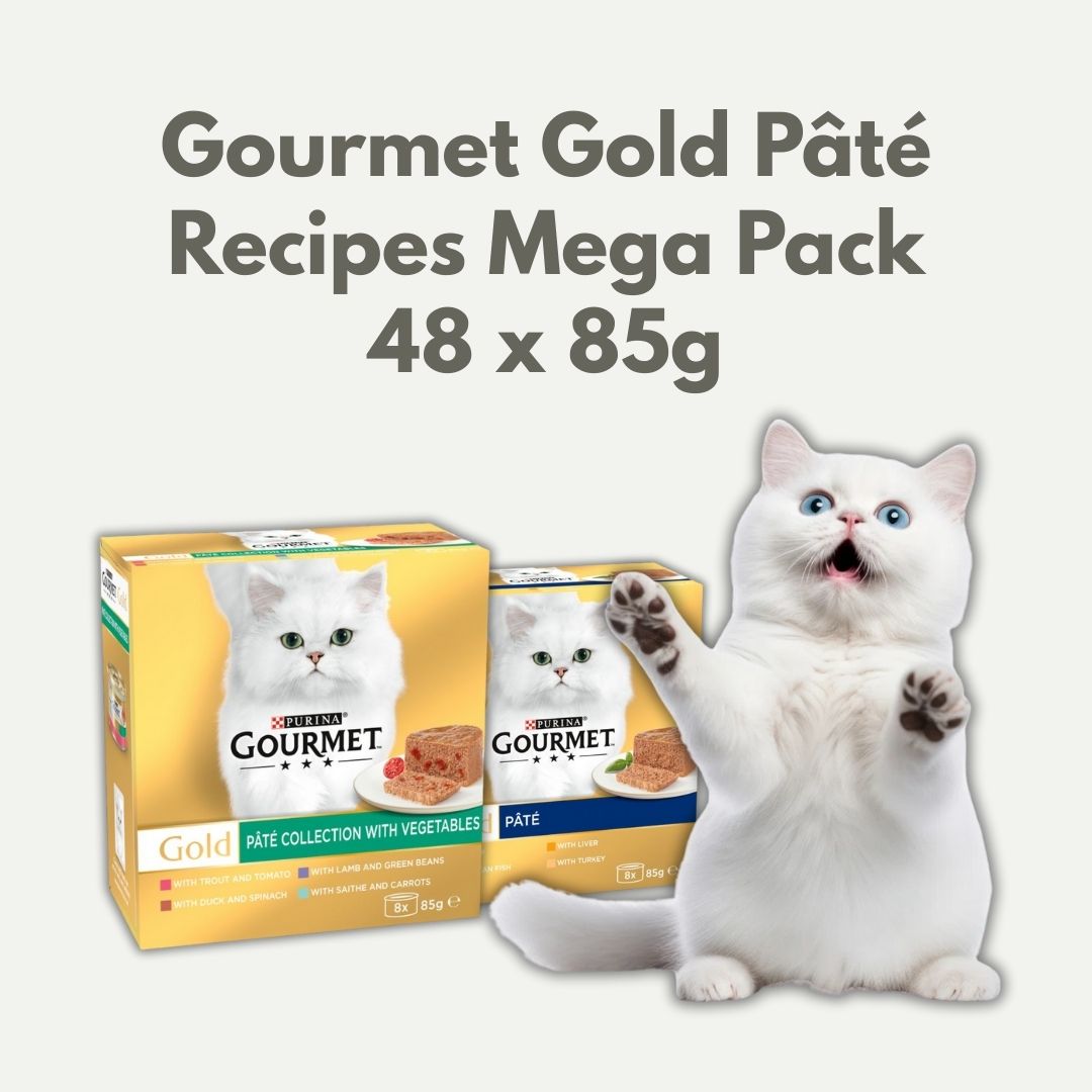 Gourmet Gold Pété cat food packaging with a white cat on a light gray background
