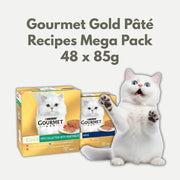Gourmet Gold Pété cat food packaging with a cat illustration on a white background