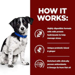 Load image into Gallery viewer, Dog with a blue collar on a white background, next to a red text panel about a dog food product&#39;s benefits.
