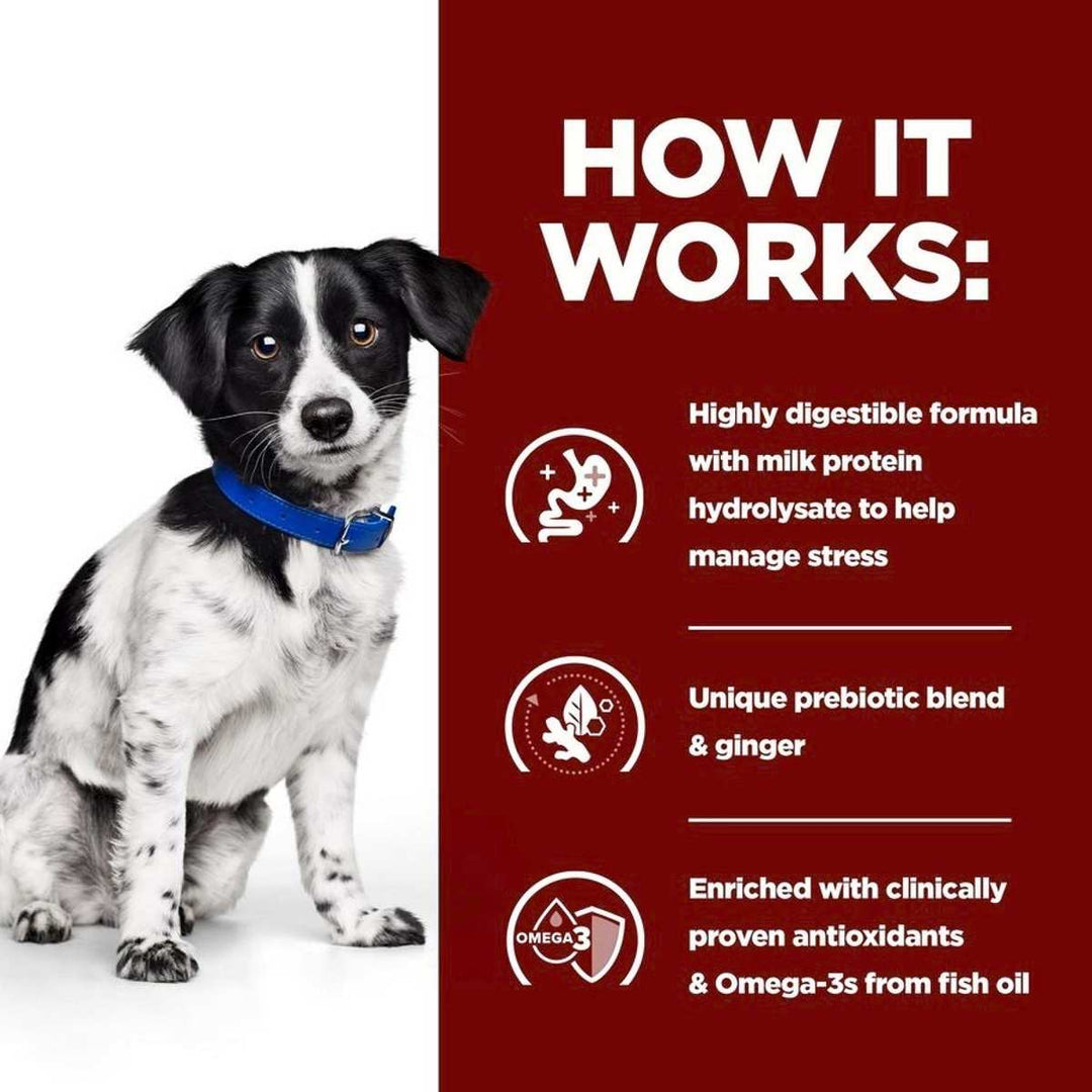 Dog with a blue collar on a white background, next to a red text panel about a dog food product's benefits.