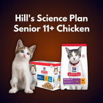 Load image into Gallery viewer, Hill&#39;s Science Plan Senior 11+ Chicken cat food packaging with a kitten on a dark background

